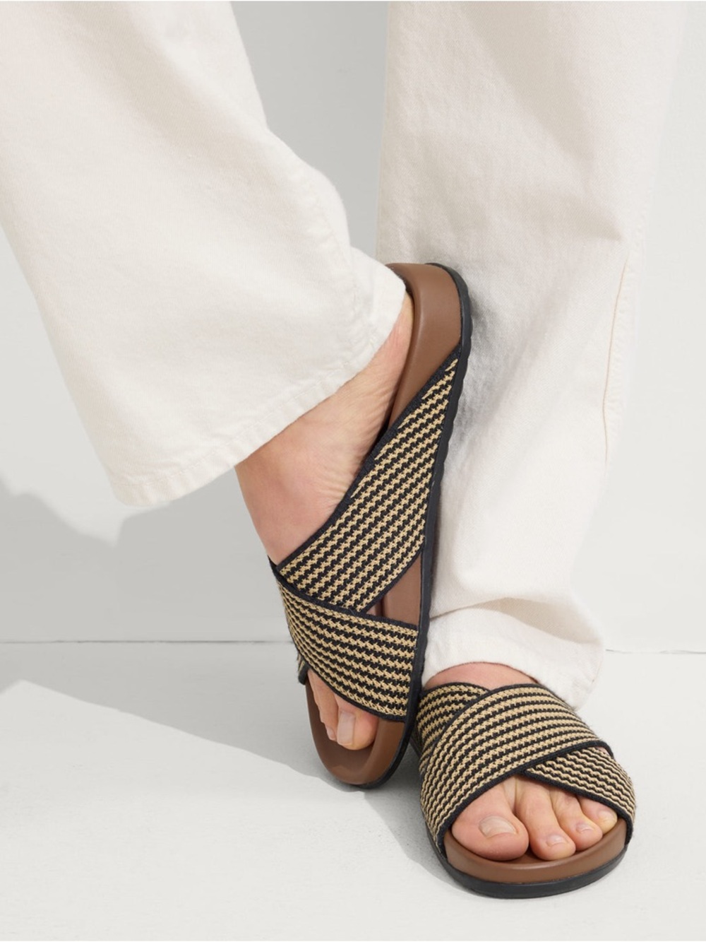 Rothy's Black and Brown Woven Crisscross Slide Sandals